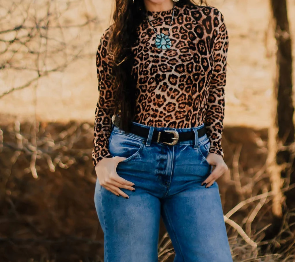Sterling Kreek Leopard Print Mesh Top | Long Sleeve Mock Neck | Western Style