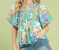 Umgee Multi-Color Mix Tropical Floral Puff Sleeve Top