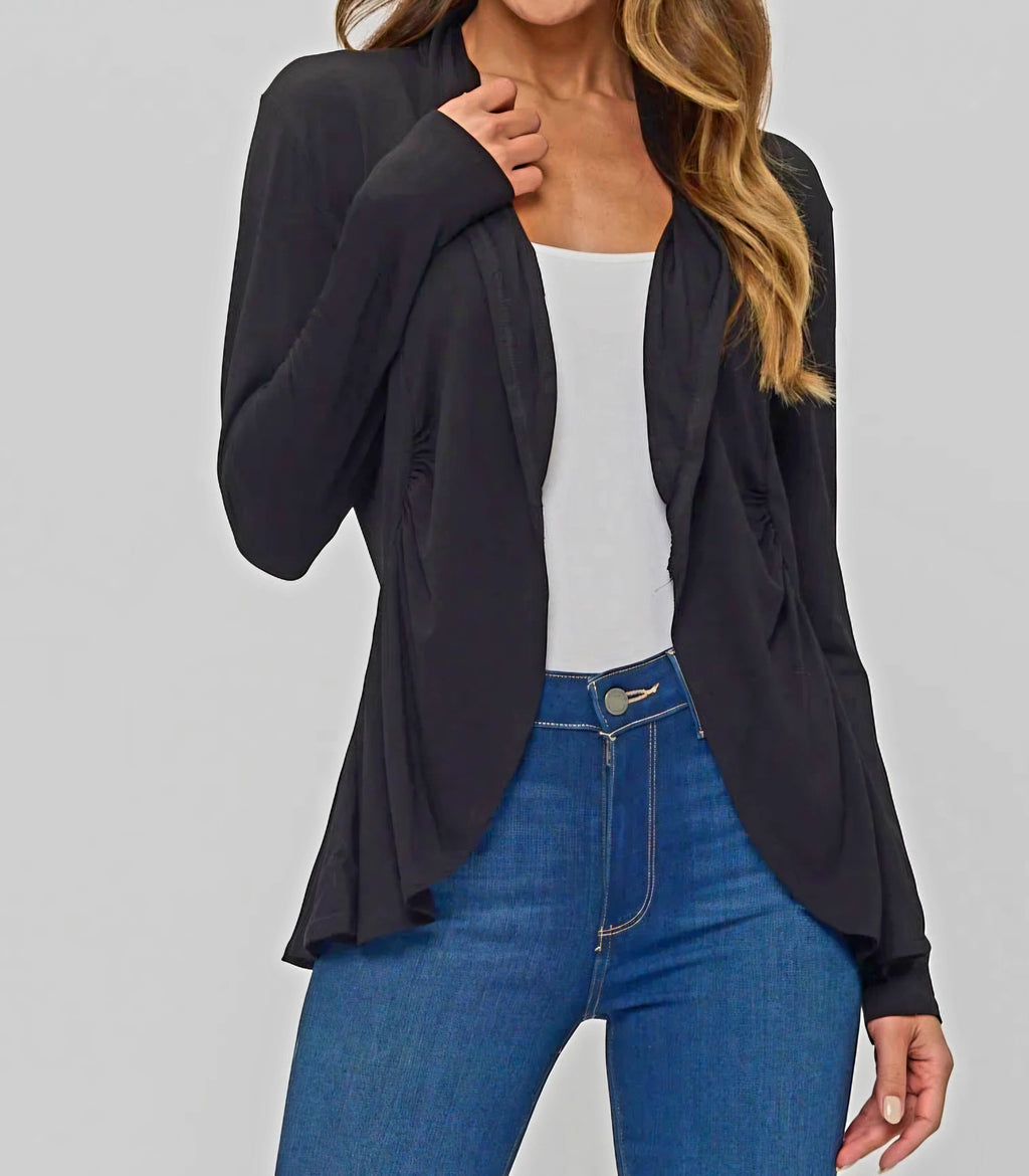Perseption Black Open Front Cardigan – High Low Hem, Long Sleeve