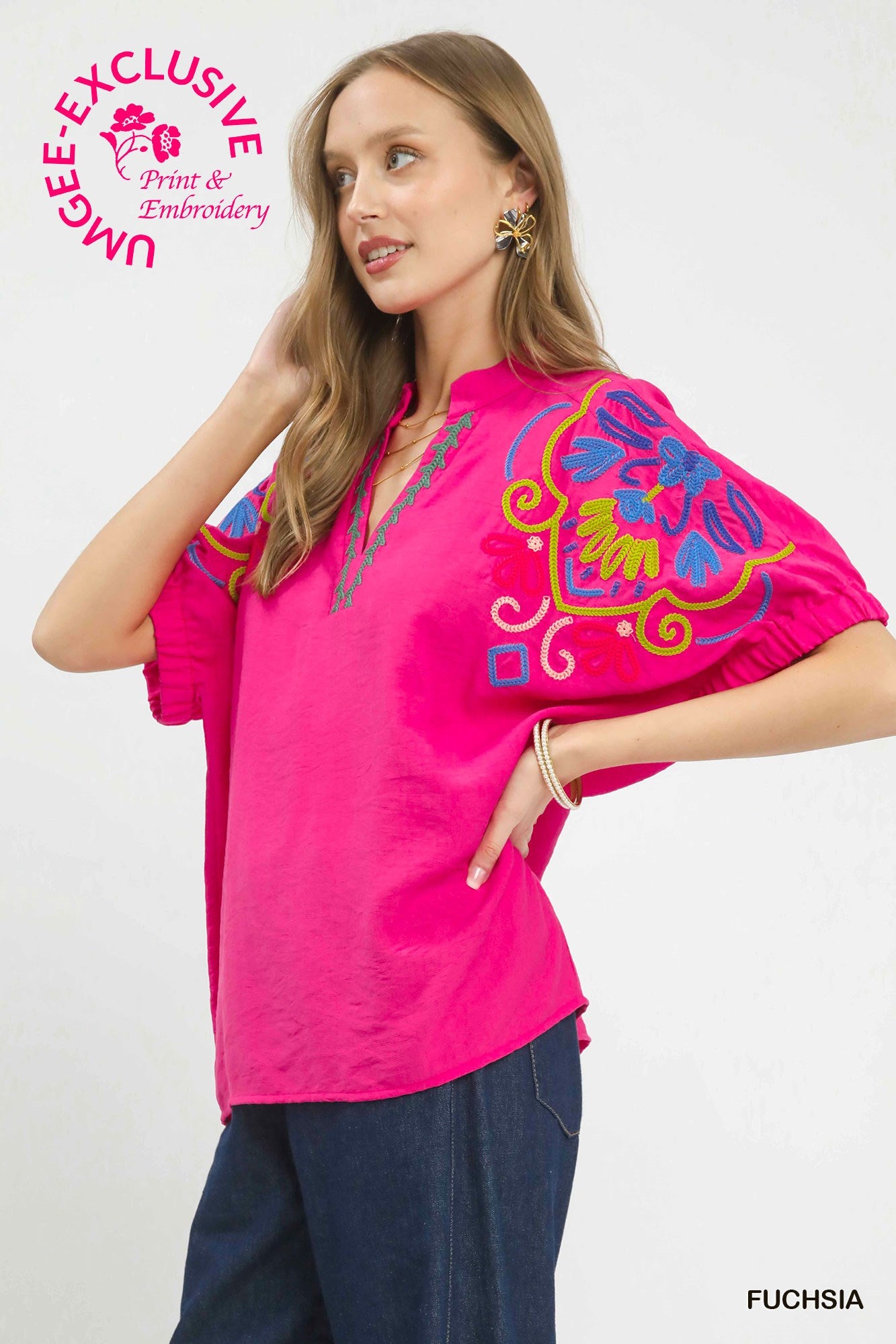 Umgee Fuchsia V-Neck Embroidered Top