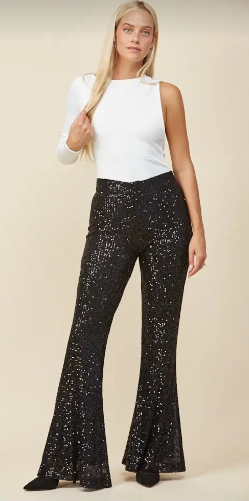BLACK SEQUIN FULLY LINED GORGEOUS FLARED PANTS  | Charlotte's Classy Closet