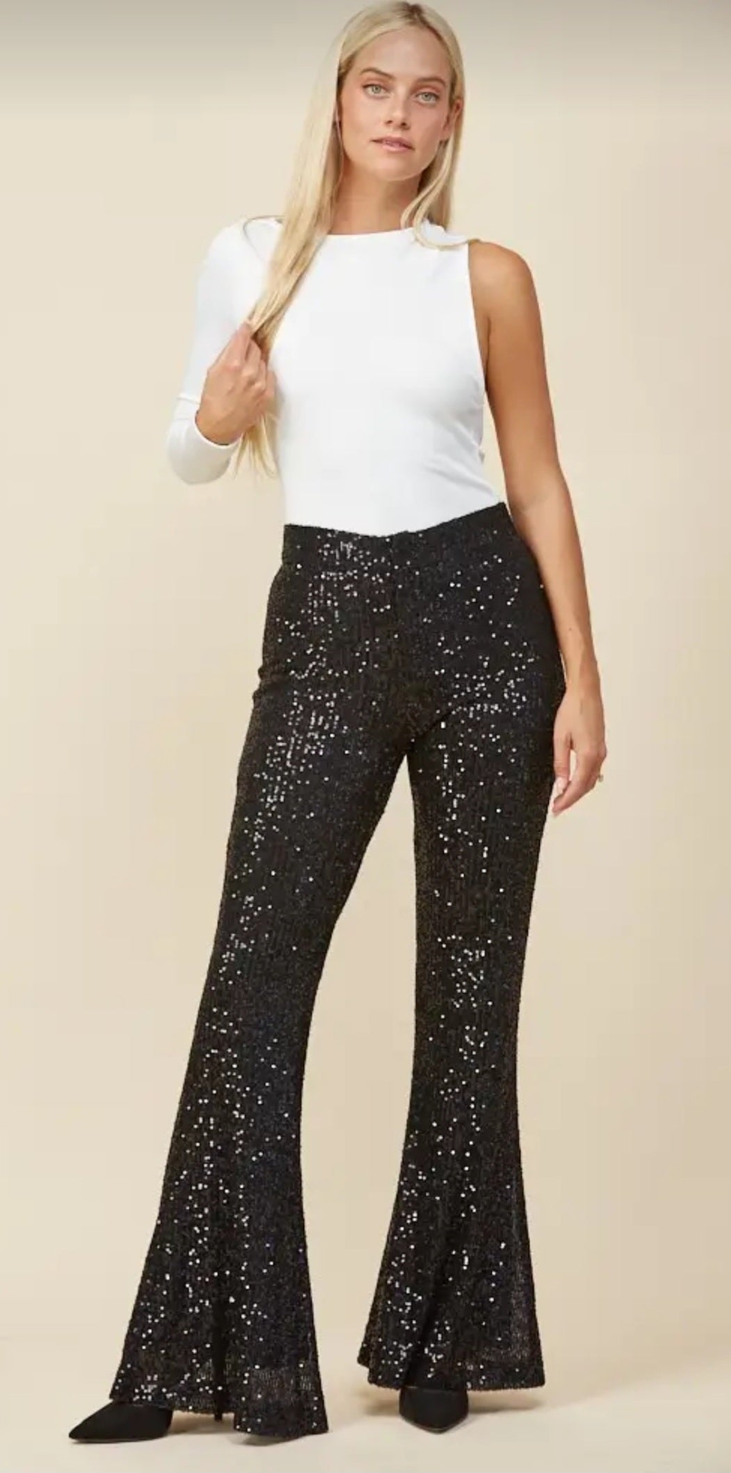 BLACK SEQUIN FULLY LINED GORGEOUS FLARED PANTS  | Charlotte's Classy Closet