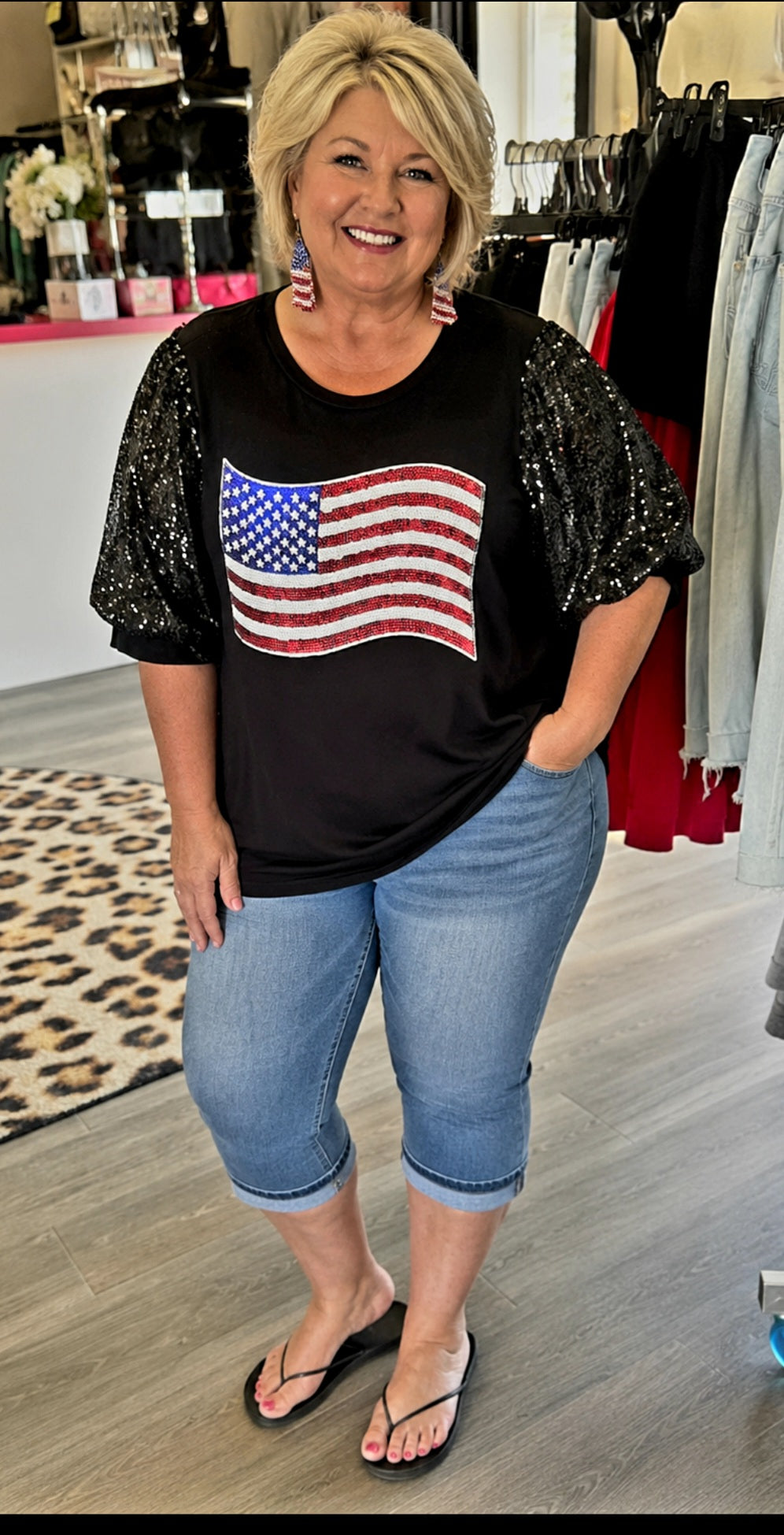 SALE - Regular & Plus Size Patriotic Black Top with Sequin Flag and Sequin S/S Puffed Sleeves