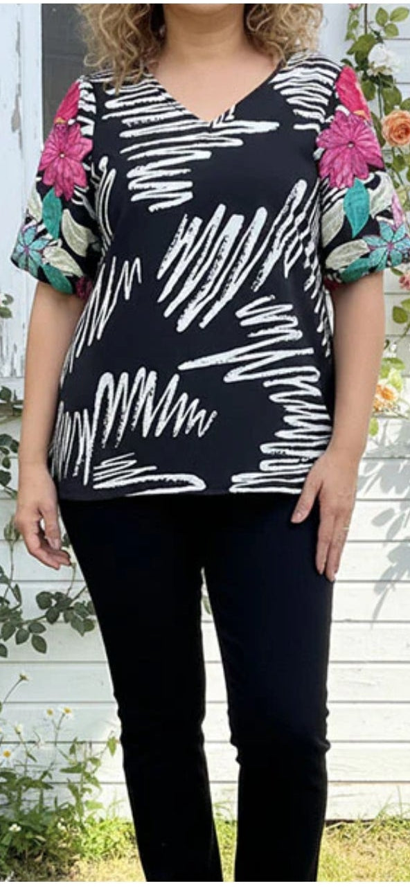 Southern Stitch Multi Print Top with Embellished Embroidered Elbow Length Sleeves