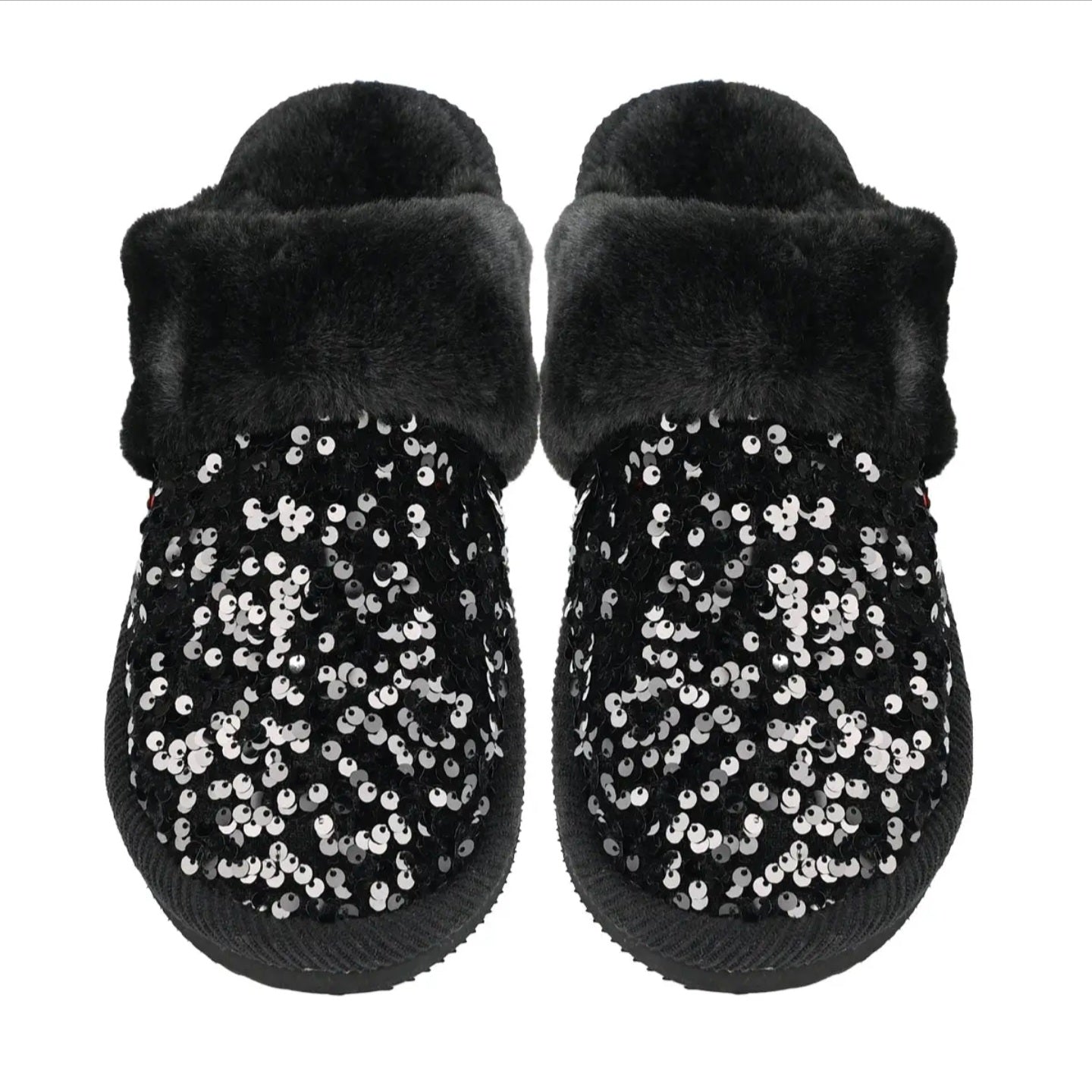 Sequin Faux Fur C.C. Beanie  Slippers Black or Fuchsia | Charlotte's Classy Closet