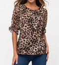 Leopard Print Side Twist Top with Ruffle Elbow Sleeves