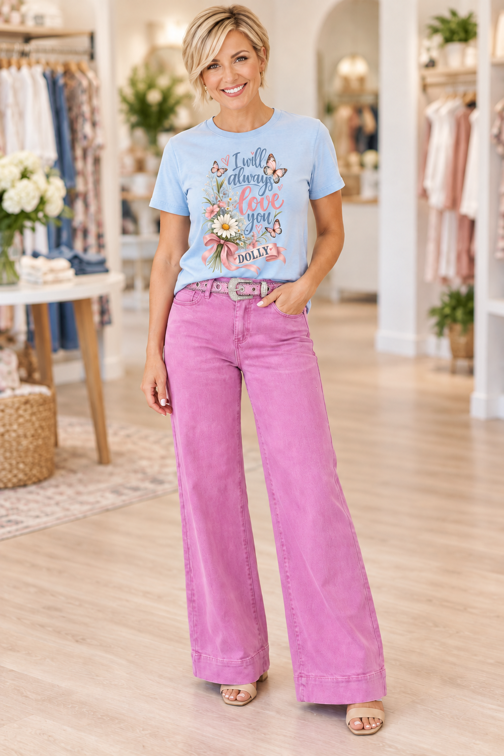 T&C Apparel Pink High-Waist Wide-Leg Jeans | Double Button - photo 4