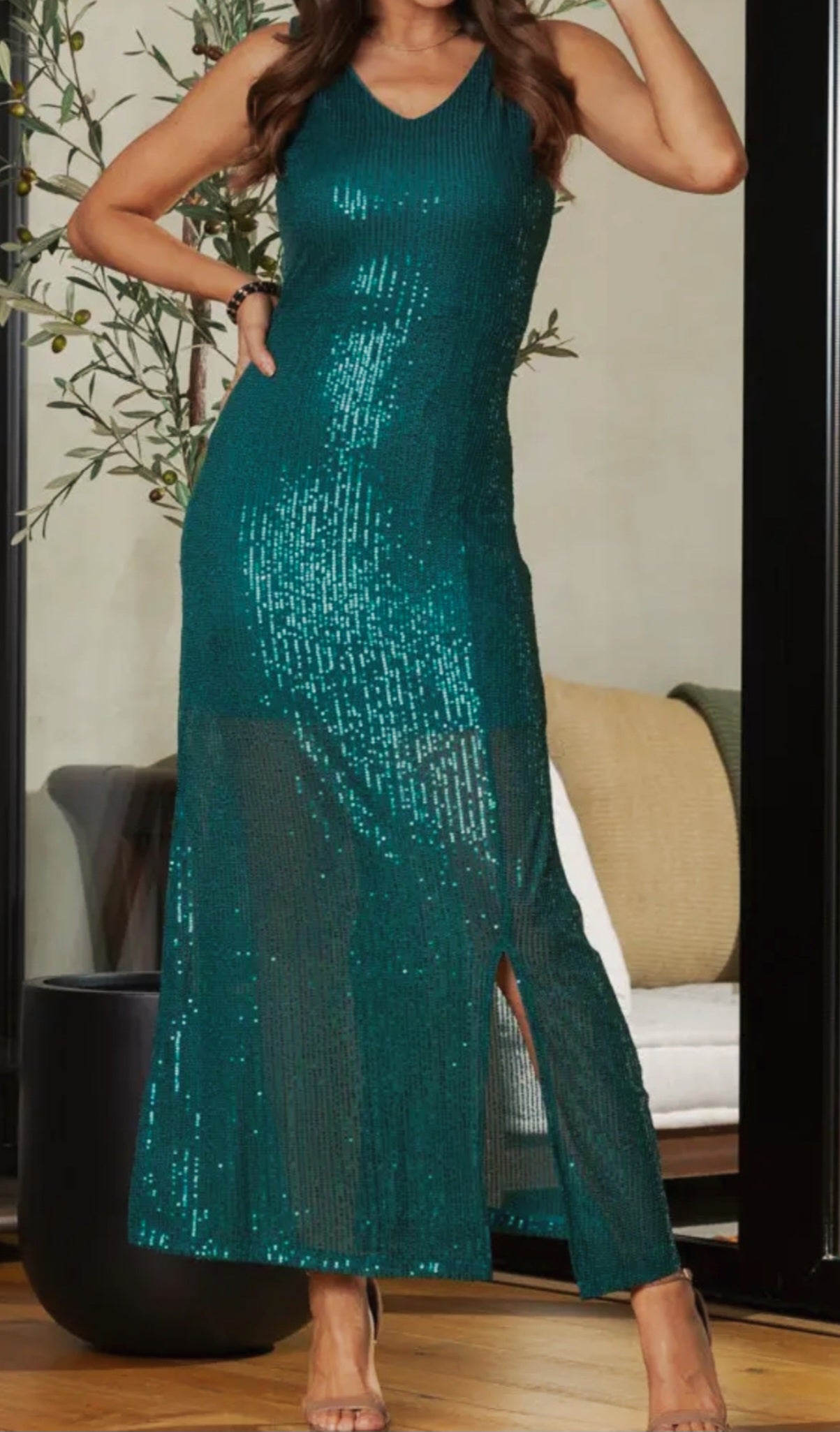 Gorgeous Sequin Holiday V-Neck Sleeveless Maxi Dress with Side Slit - Hunter Green| Charlotte's Classy Closet