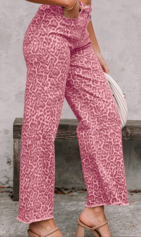 High Rise Leopard Print Cropped Raw Hem Jeans | Pink