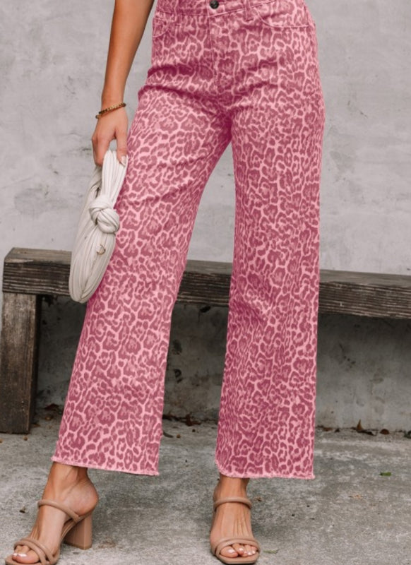 High Rise Leopard Print Cropped Raw Hem Jeans | Pink