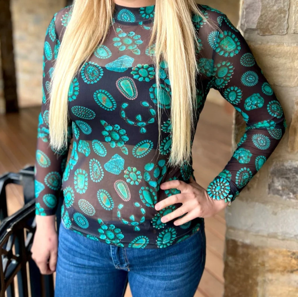 Sterling Kreek Black Mesh Top | Turquoise Concho Print | Long Sleeve Western