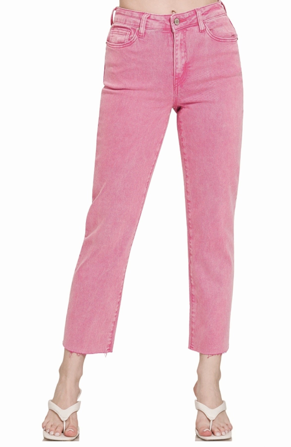 Zenana Acid-Washed Hot Pink Cropped Straight-Leg Jeans | Sale