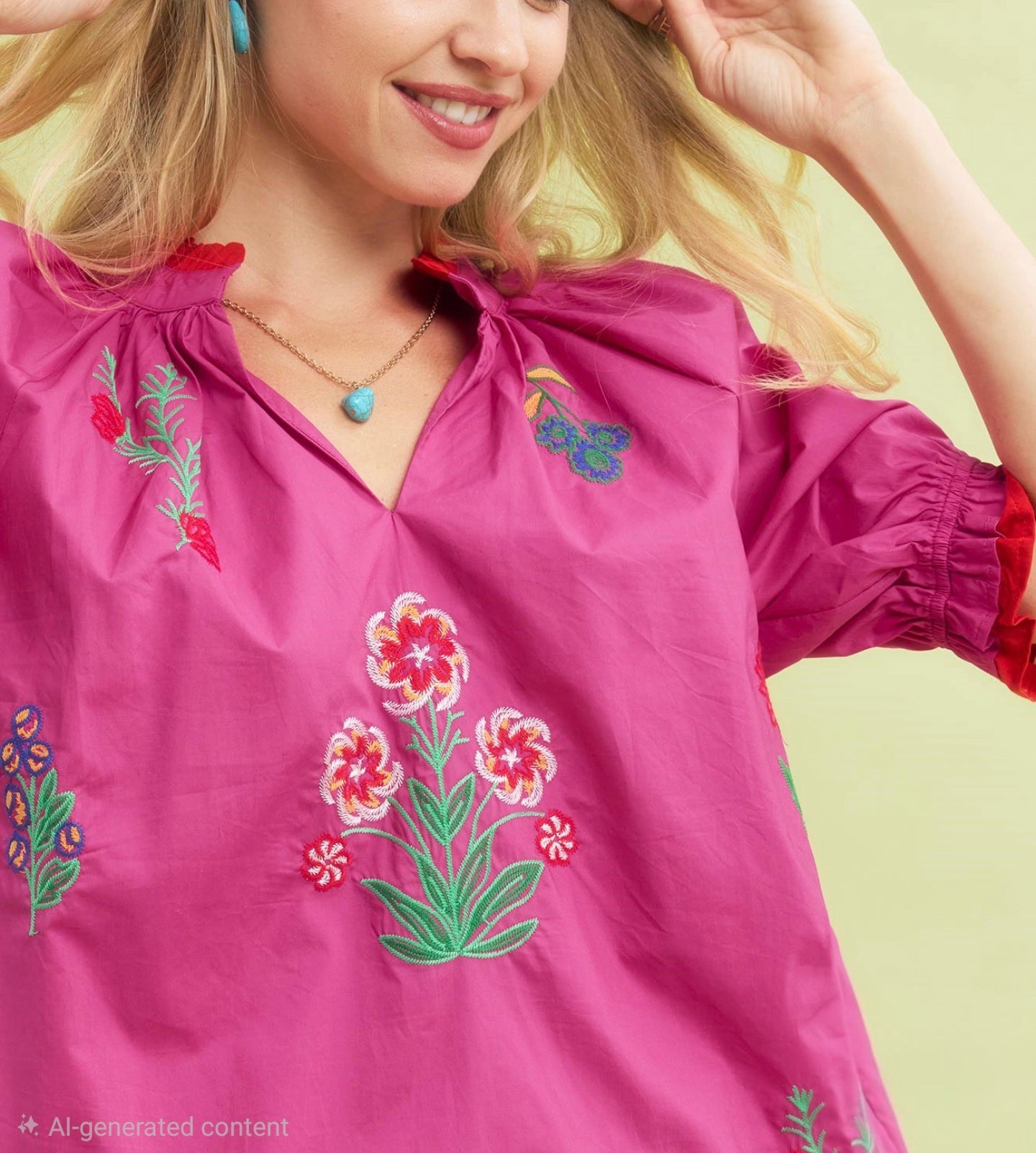 Umgee Fuchsia V-Neck Black Top with Striking Colorful Embroidered Floral Print Top