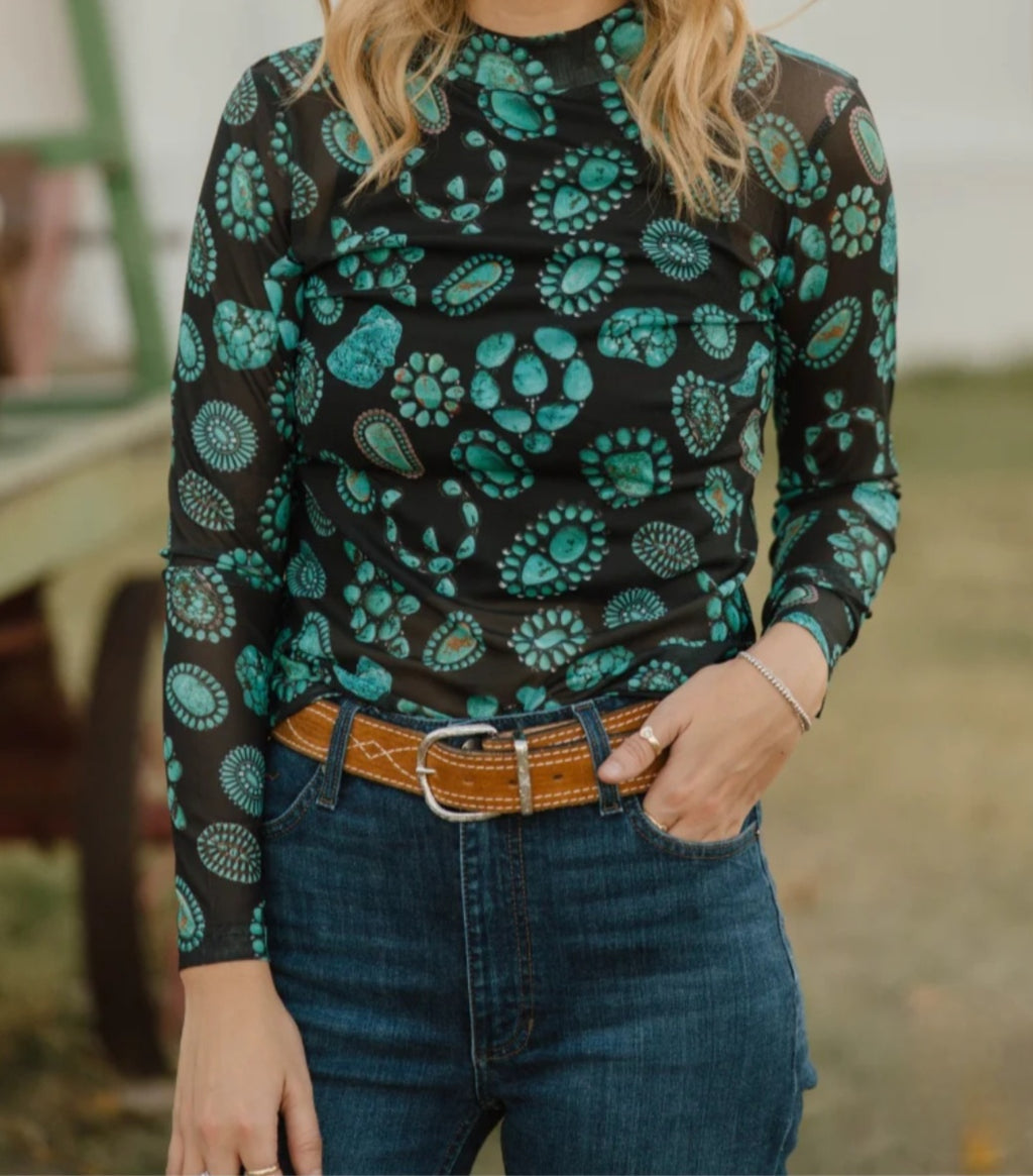 Sterling Kreek Black Mesh Top | Turquoise Concho Print | Long Sleeve Western