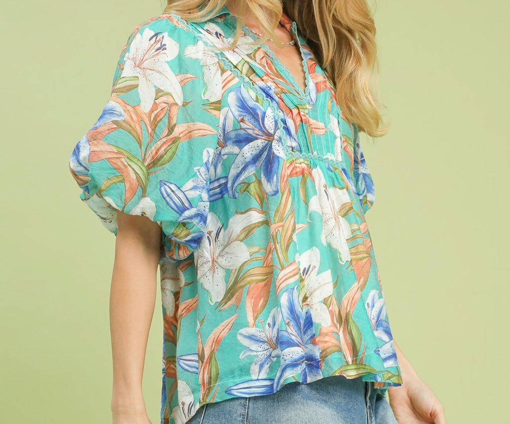 Umgee Multi-Color Mix Tropical Floral Puff Sleeve Top