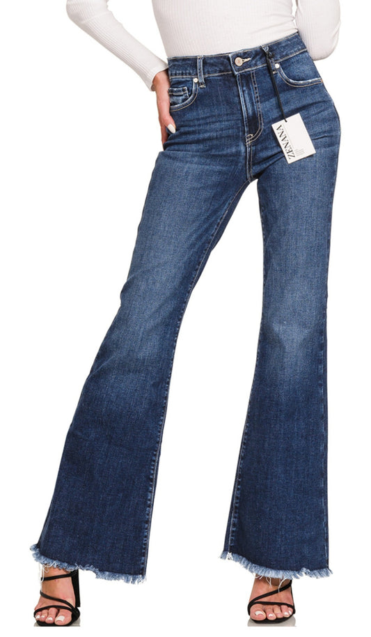 High Waisted Zenana High Rise Bell Bottom Dark Jeans Frayed Hem | Charlotte's Classy Closet