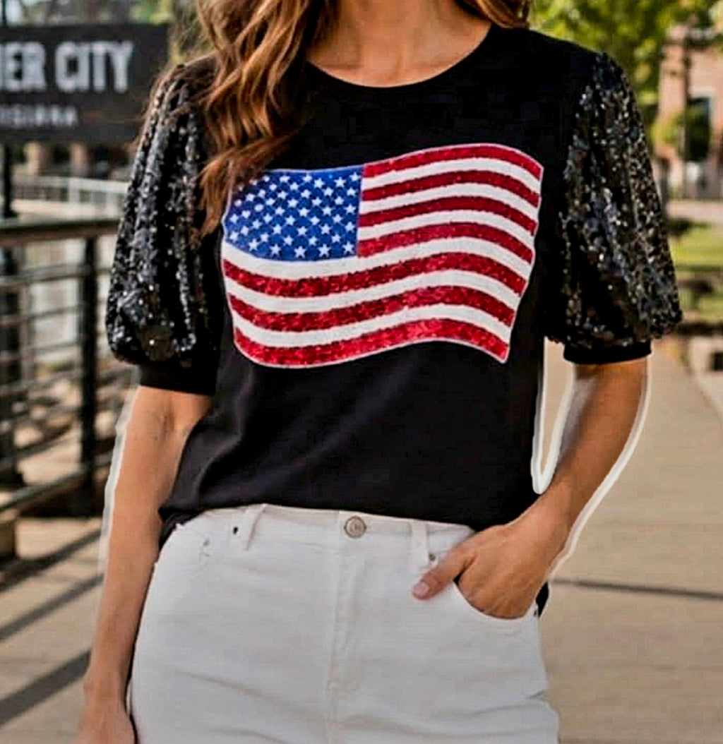 SALE - Regular & Plus Size Patriotic Black Top with Sequin Flag and Sequin S/S Puffed Sleeves