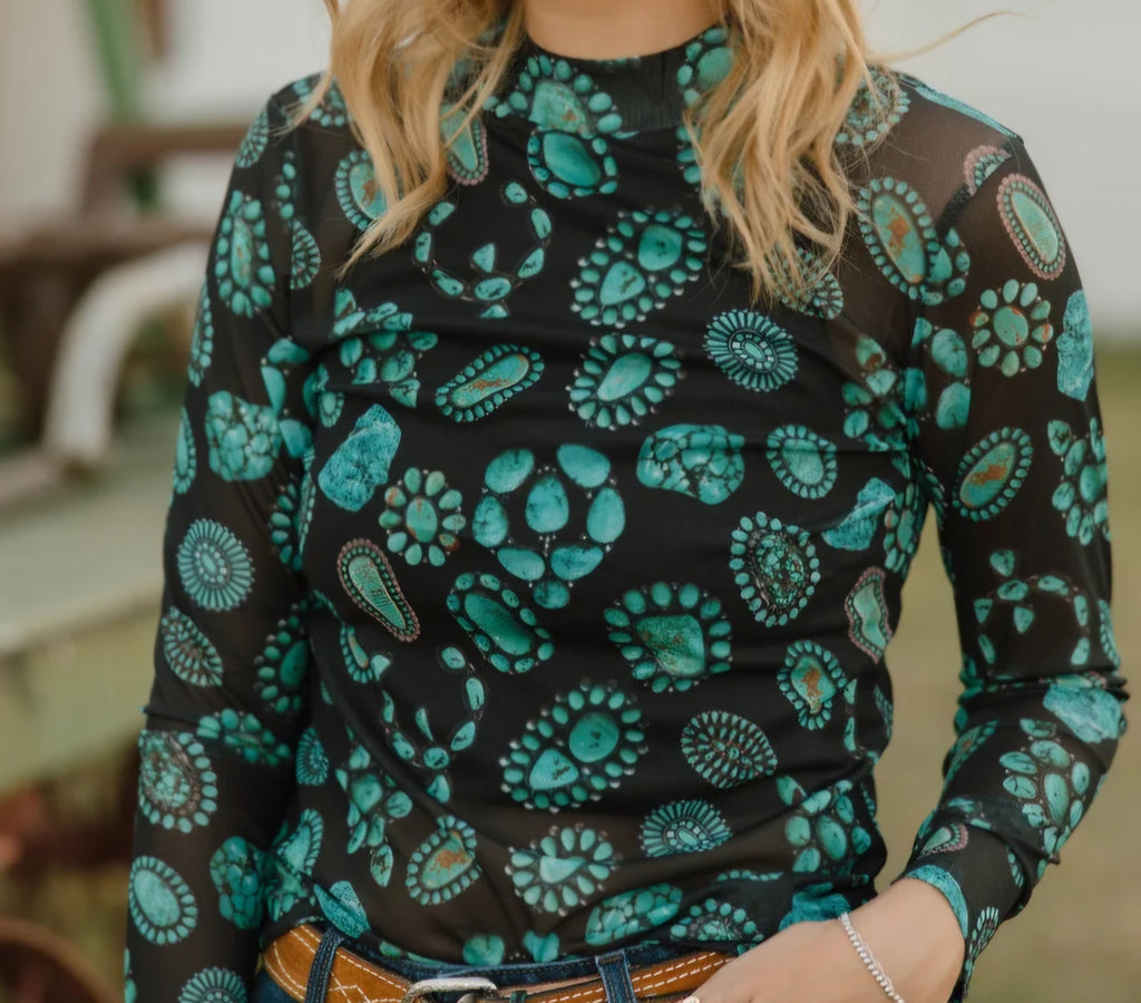 Sterling Kreek Black Mesh Top | Turquoise Concho Print | Long Sleeve Western
