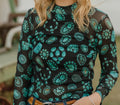 Sterling Kreek Black Mesh Top | Turquoise Concho Print | Long Sleeve Western