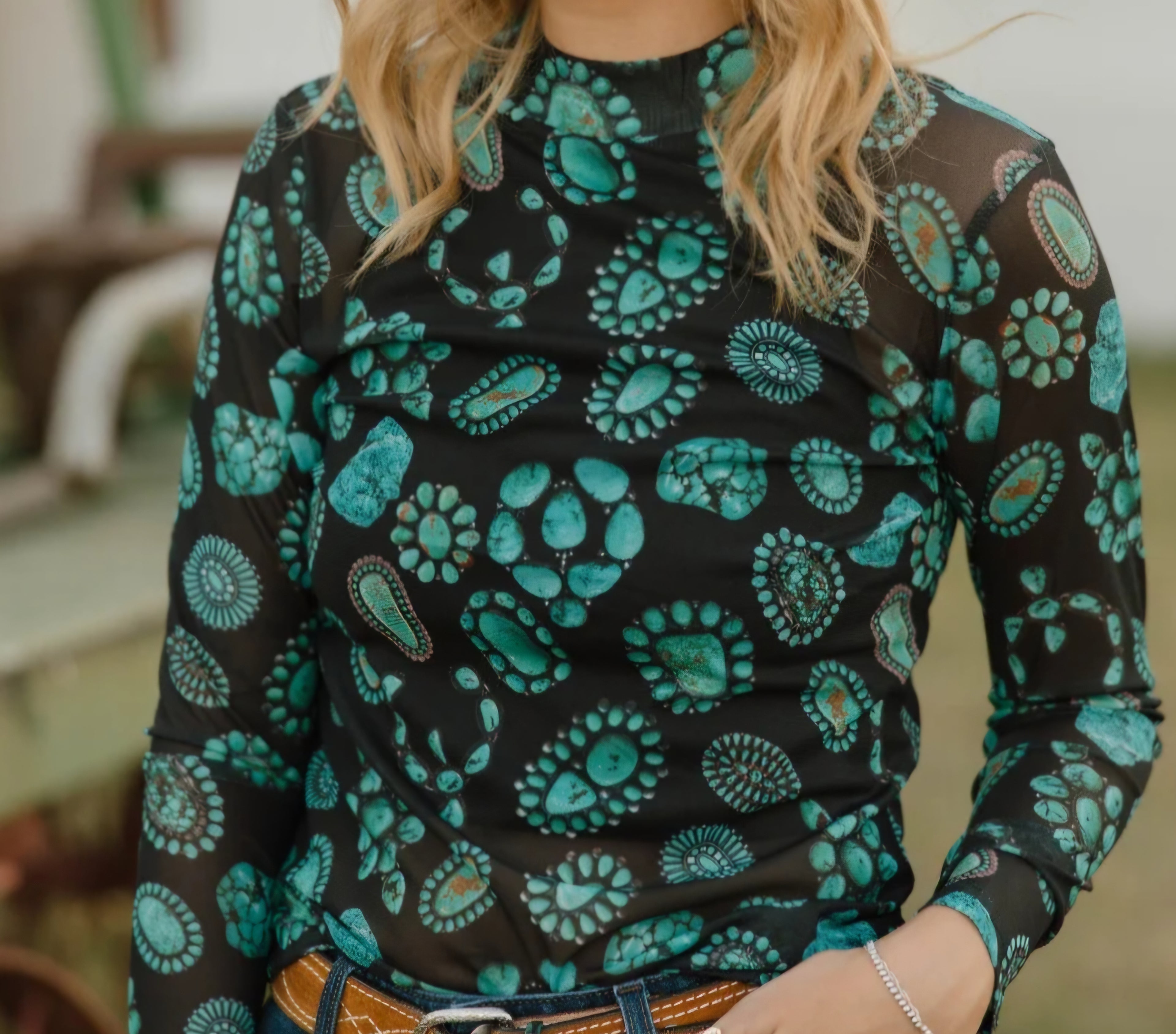 Sterling Kreek Black Mesh Top | Turquoise Concho Print | Long Sleeve Western