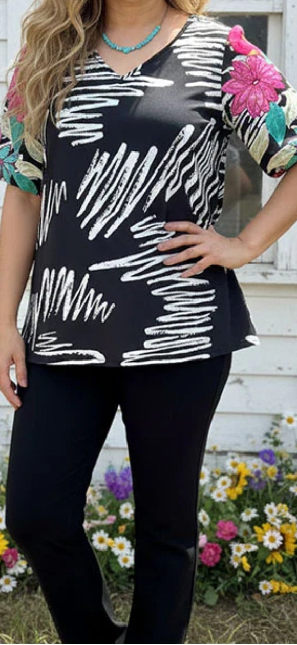 Southern Stitch Multi Print Top with Embellished Embroidered Elbow Length Sleeves