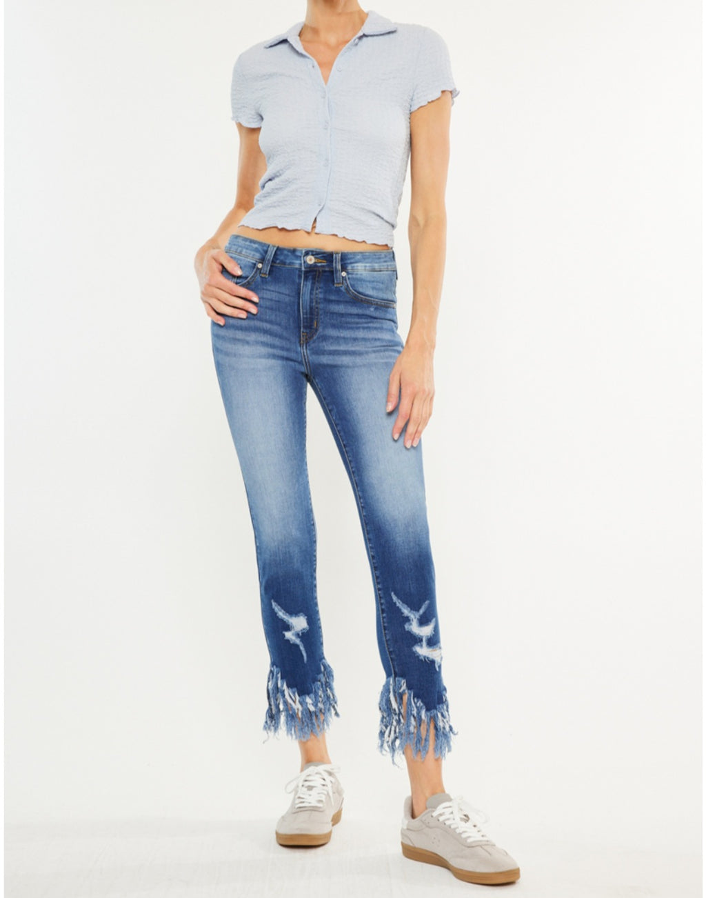 Kancan High Rise Cropped Frayed Hem Skinny Jeans | Dark Wash