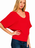 LIGHTWEIGHT V-NECK ELBOW LENGTH DOLMAN SLEEVE SWEATER | RED OR BLACK | Charlotte's Classy Closet