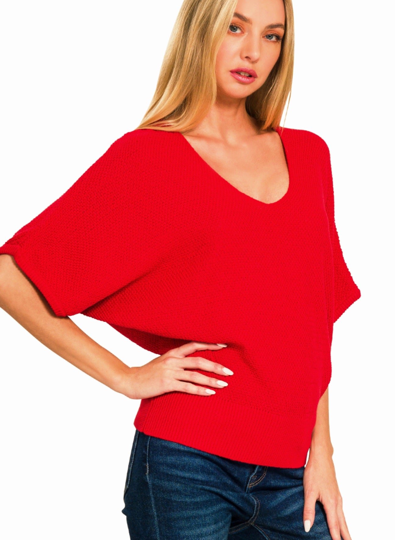 LIGHTWEIGHT V-NECK ELBOW LENGTH DOLMAN SLEEVE SWEATER | RED OR BLACK | Charlotte's Classy Closet