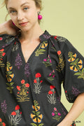Umgee Floral Print Puff Sleeve Black Top | Scalloped Hem & Collar