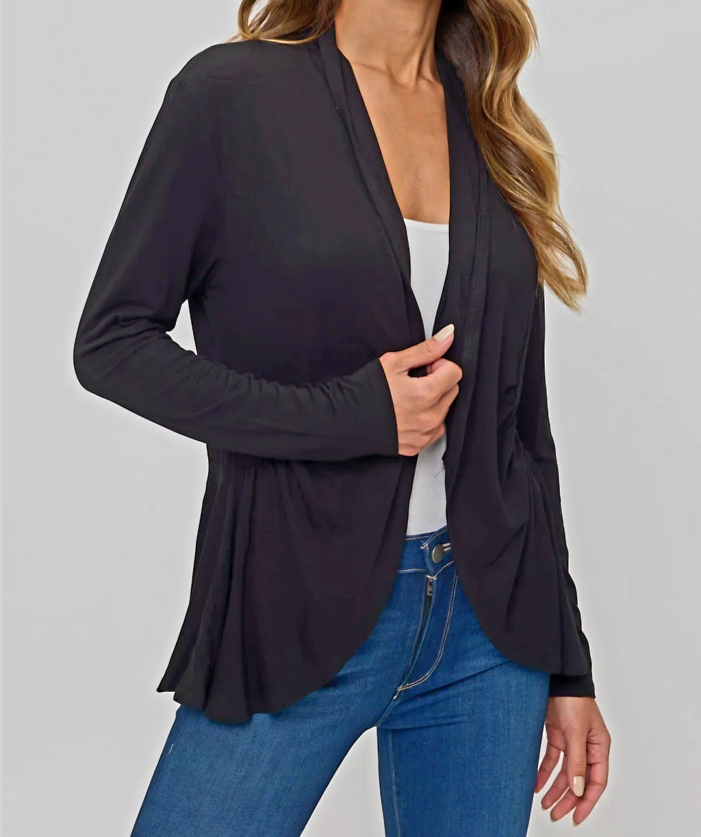 Perseption Black Open Front Cardigan – High Low Hem, Long Sleeve