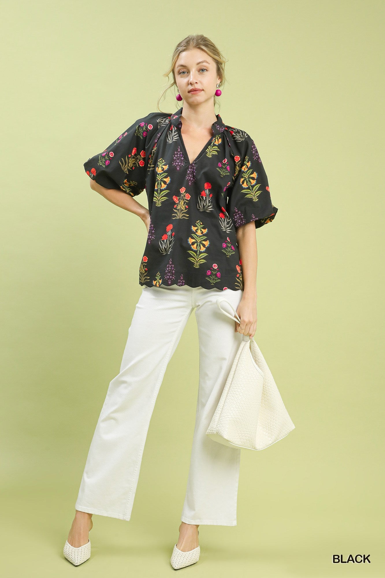 Umgee Floral Print Puff Sleeve Black Top | Scalloped Hem & Collar