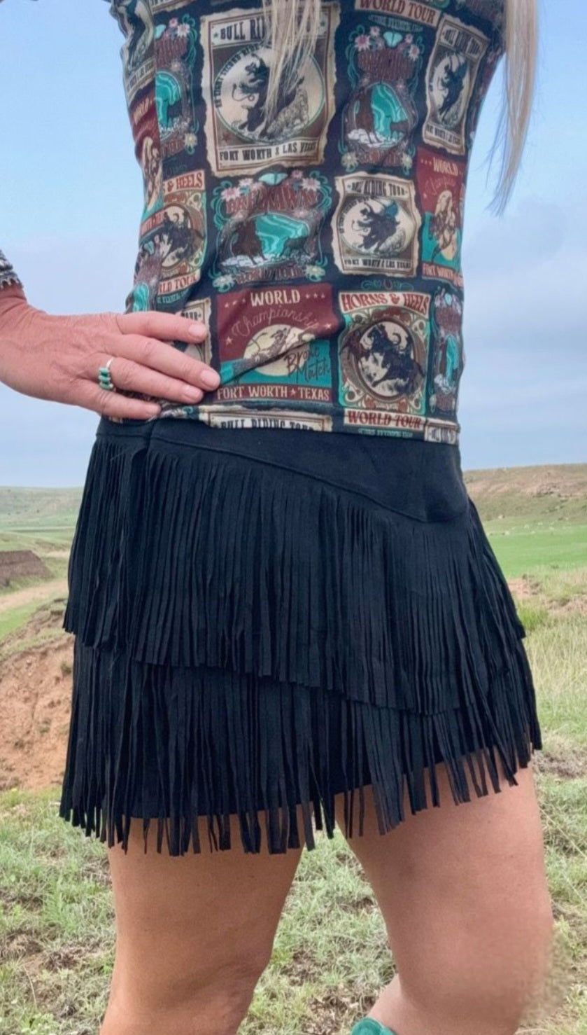 Sterling Kreek Fort Worth Black Fringe Skort | Western Mini | Built-In Shorts