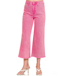 ACID WASHED HW STRAIGHT BOOTCUT FRAYED HEM CROPPED JEANS | Hot Pink