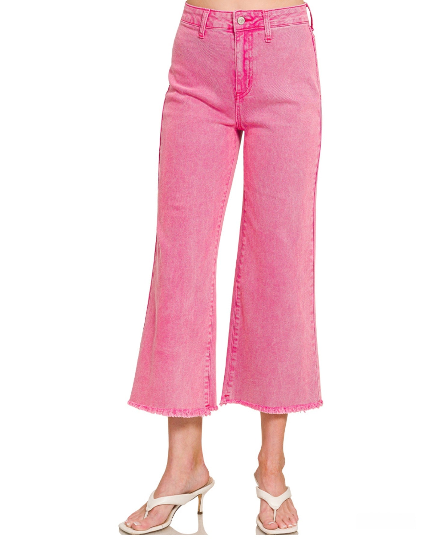ACID WASHED HW STRAIGHT BOOTCUT FRAYED HEM CROPPED JEANS | Hot Pink