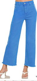 ZENANA ACID WASHED STRAIGHT WIDE PANTS FRAYED HEM CROPPED JEANS | Ocean Blue