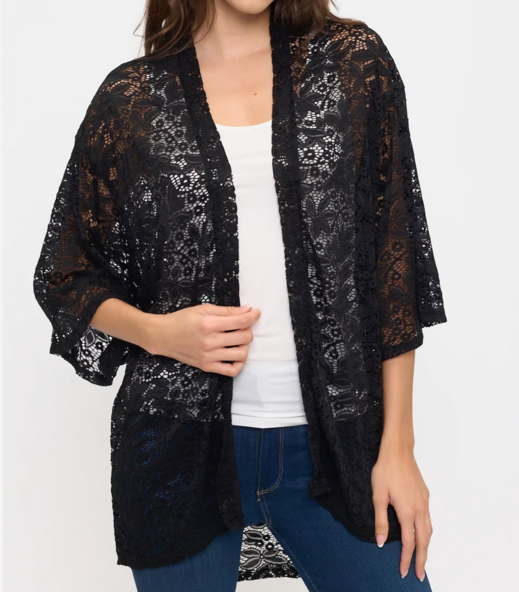 Black Floral Lace Kimono Cardigan with 3/4 Bell Sleeves