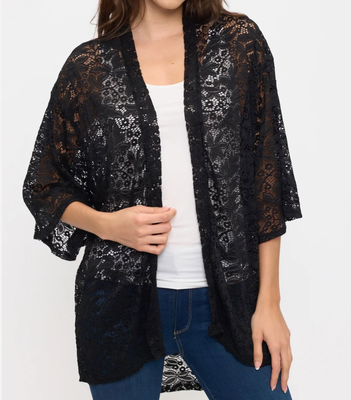 Black Floral Lace Kimono Cardigan with 3/4 Bell Sleeves