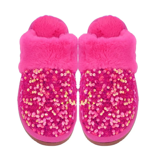 Sequin Faux Fur C.C. Beanie  Slippers Black or Fuchsia | Charlotte's Classy Closet