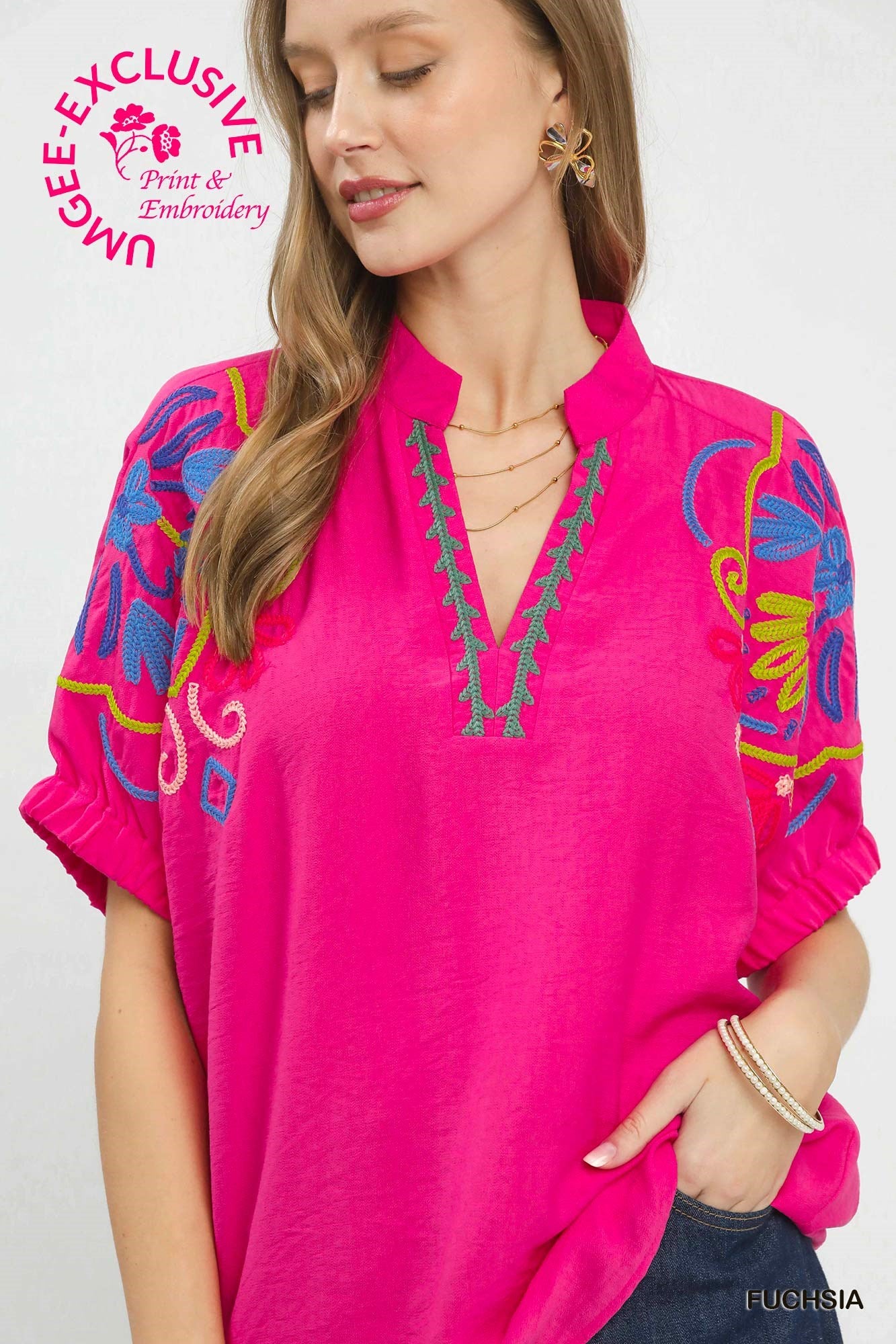 Umgee Fuchsia V-Neck Embroidered Top