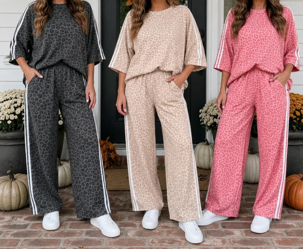 Pink Leopard Print Varsity Stripe Matching Pant Set | Oversized Top & Wide Leg Pants | S–XL