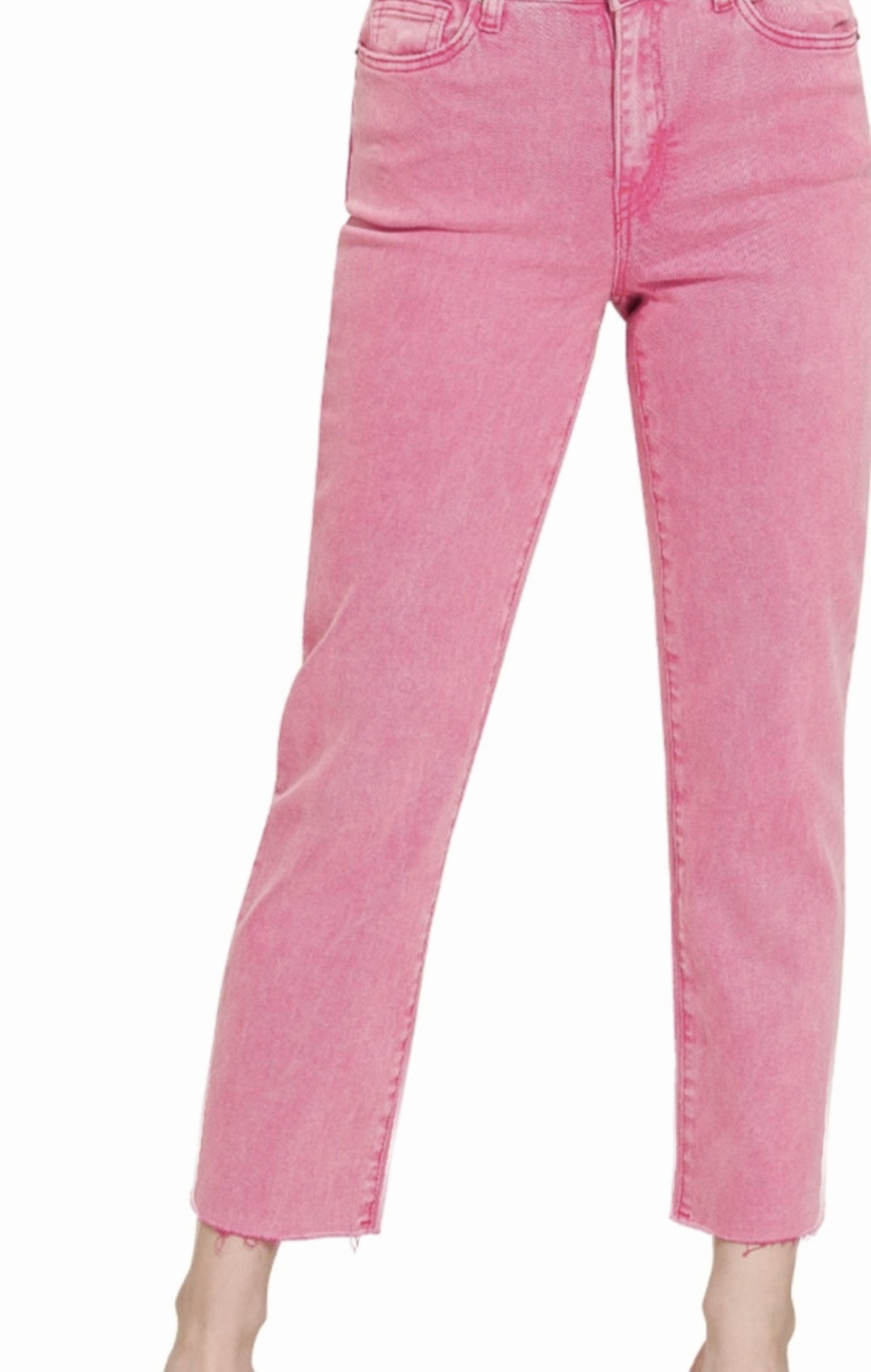 Zenana Acid-Washed Hot Pink Cropped Straight-Leg Jeans | Sale