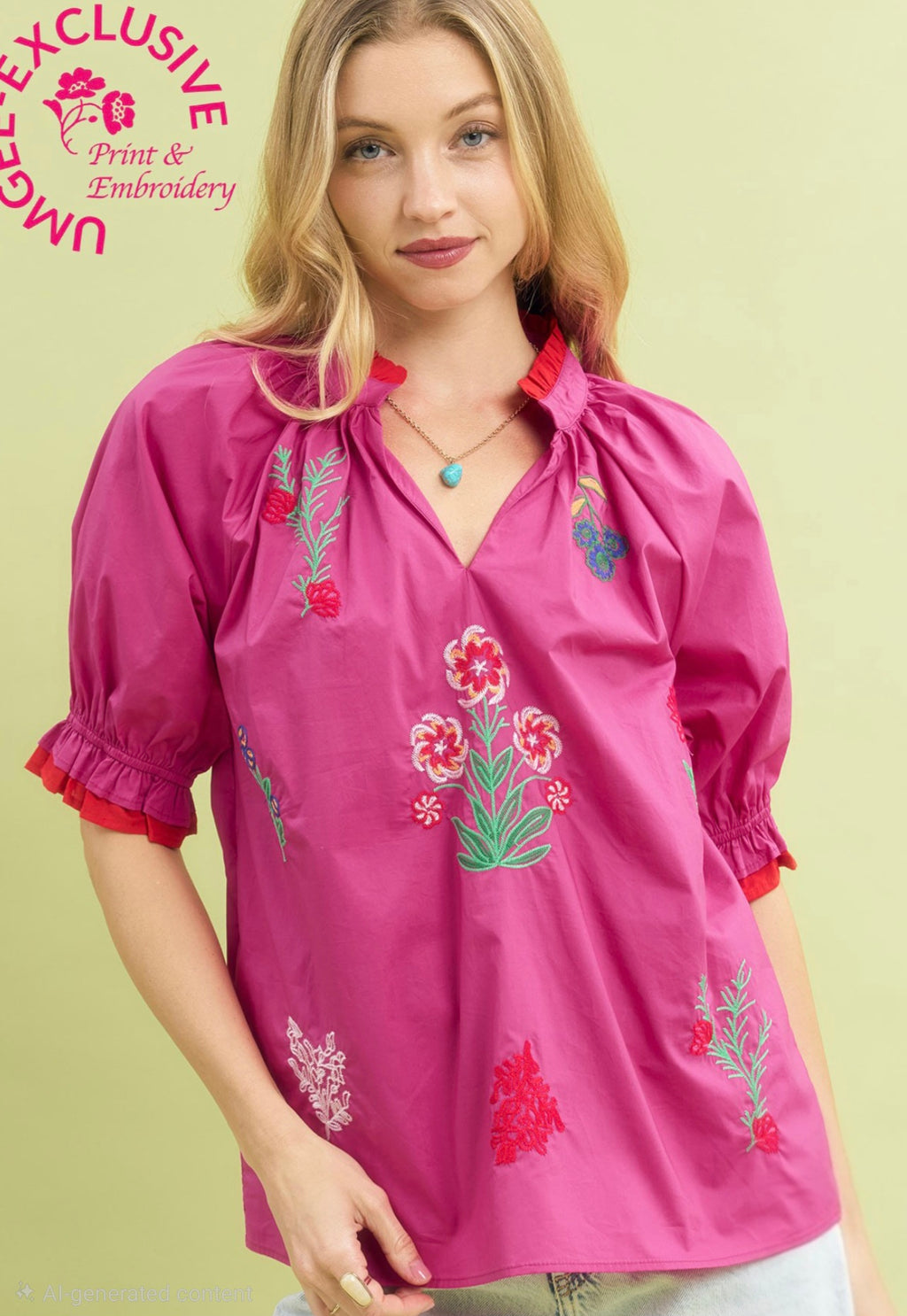 Umgee Fuchsia V-Neck Black Top with Striking Colorful Embroidered Floral Print Top
