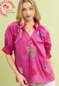 Umgee Fuchsia V-Neck Black Top with Striking Colorful Embroidered Floral Print Top