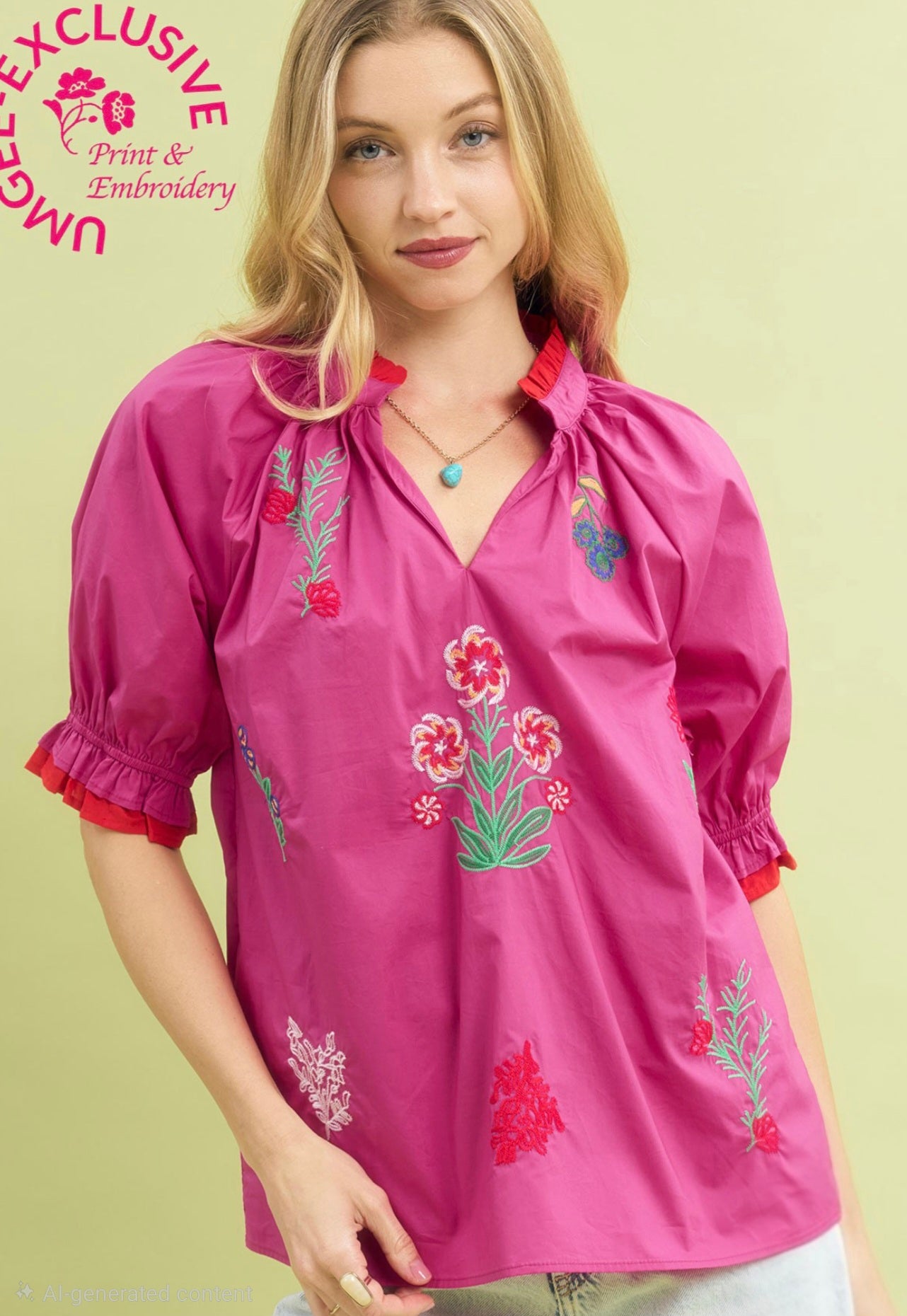 Umgee Fuchsia V-Neck Black Top with Striking Colorful Embroidered Floral Print Top