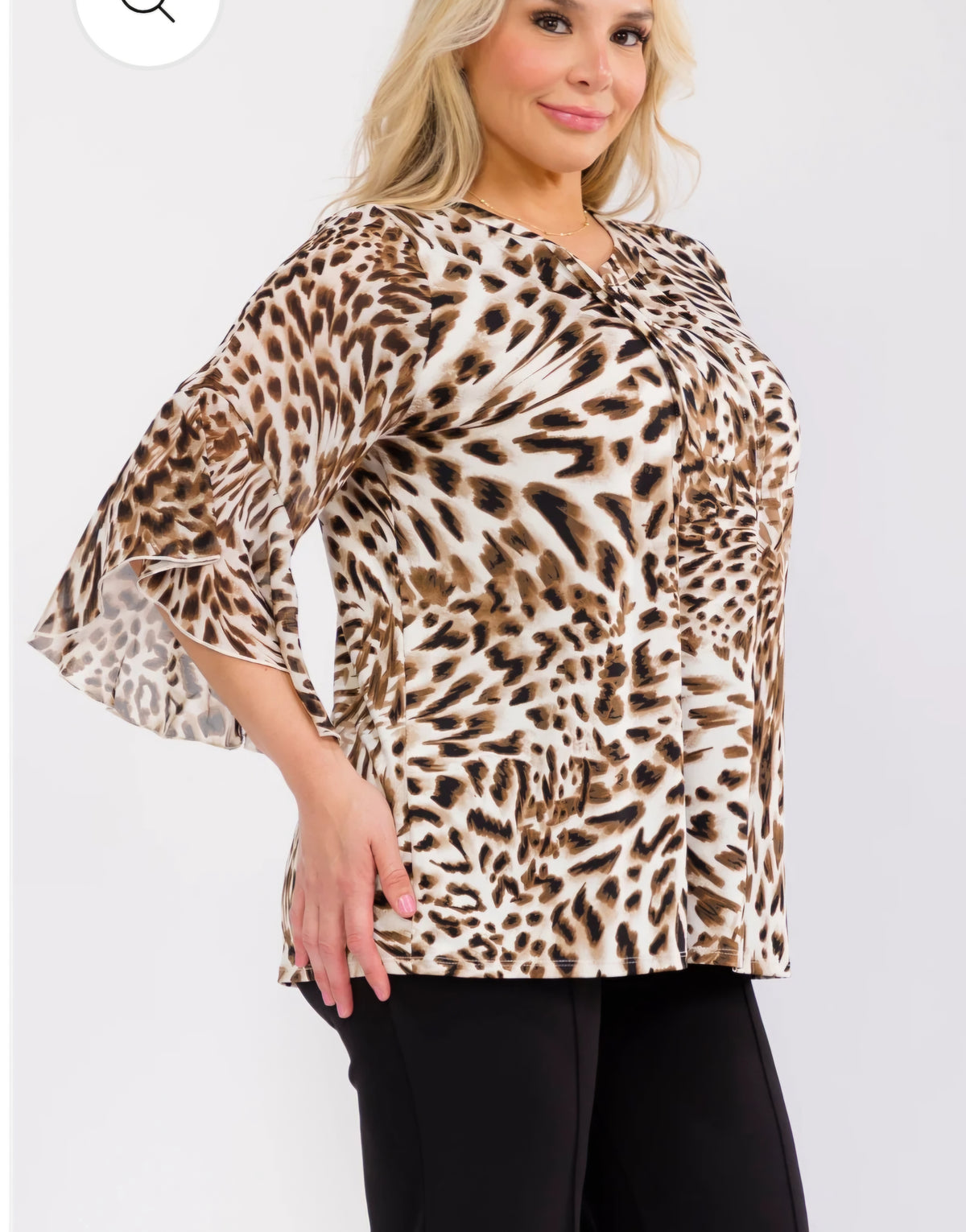 Perseption Plus Size Leopard Print Blouse – Bell Sleeve, Pintuck Front