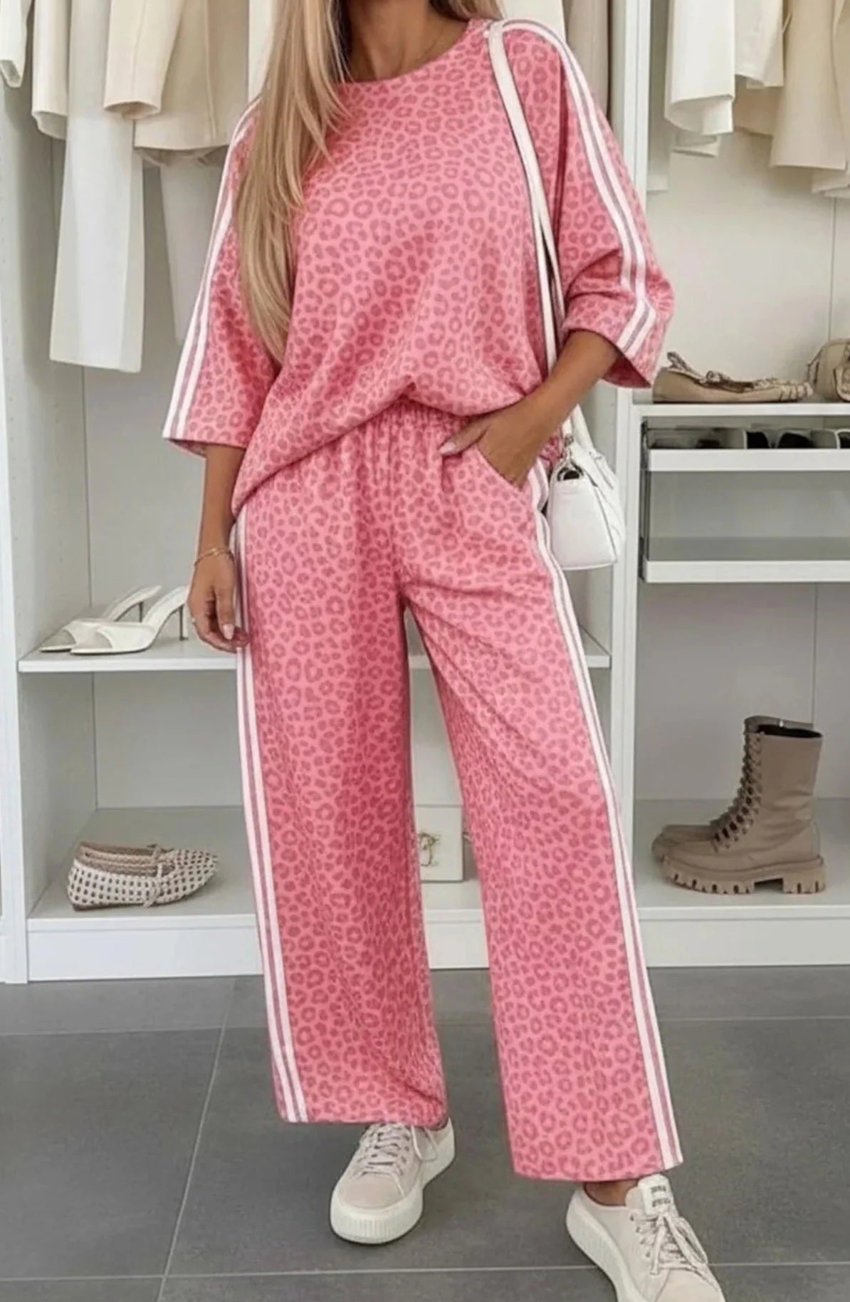 Pink Leopard Print Varsity Stripe Matching Pant Set | Oversized Top & Wide Leg Pants | S–XL