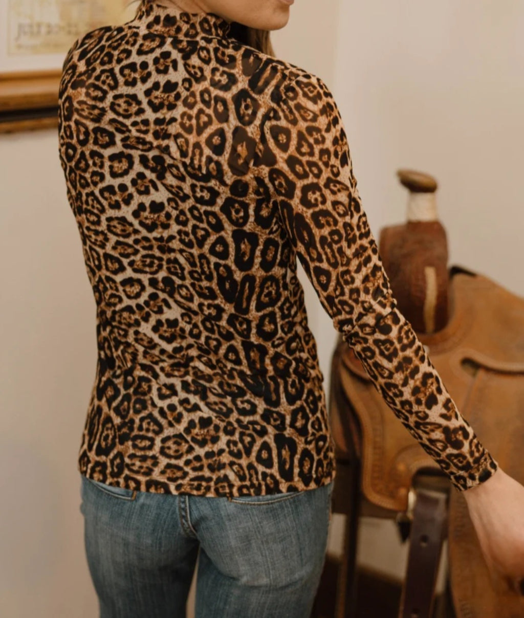 Sterling Kreek Leopard Print Mesh Top | Long Sleeve Mock Neck | Western Style