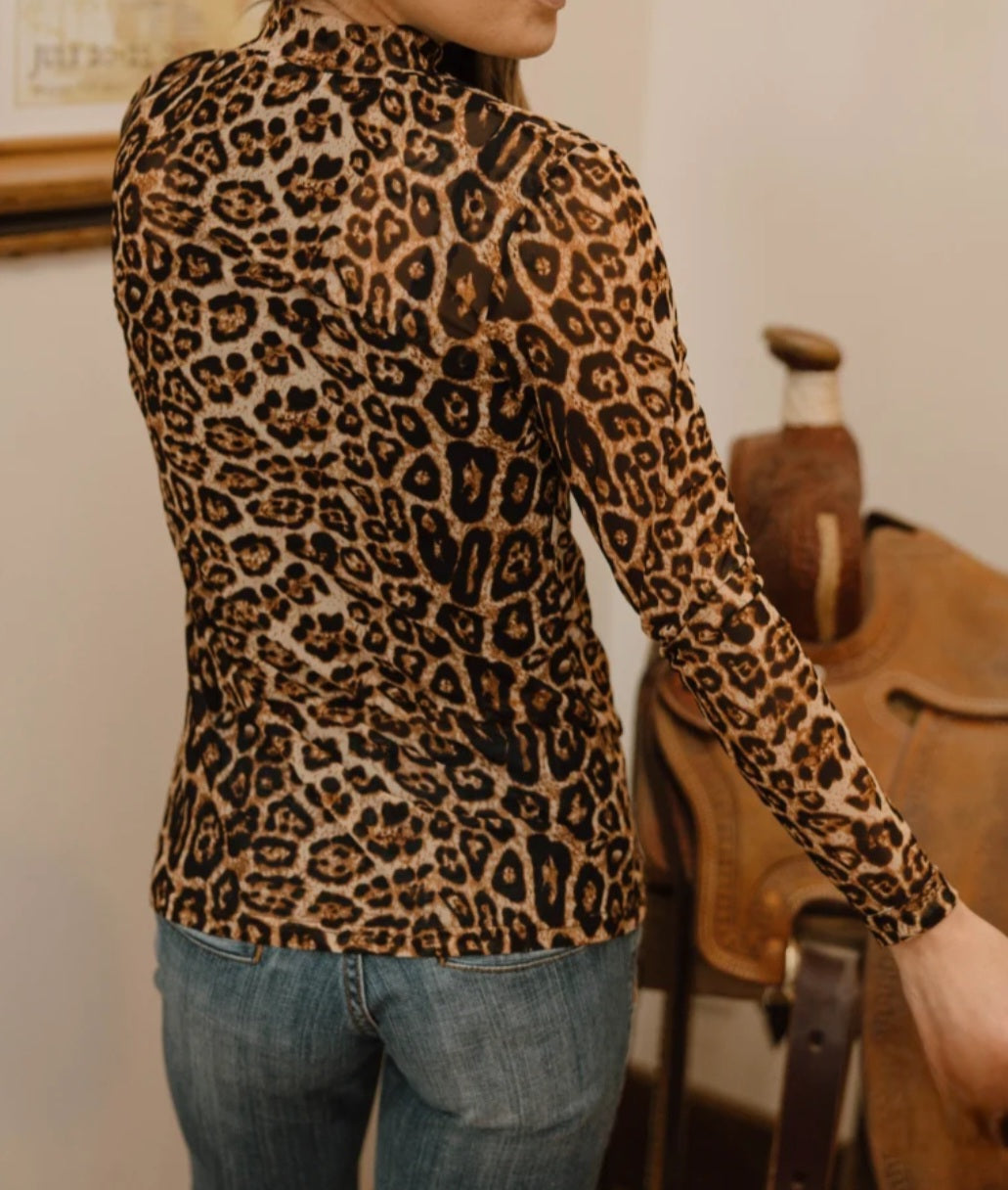 Sterling Kreek Leopard Print Mesh Top | Long Sleeve Mock Neck | Western Style