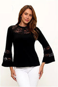 Sheer lace neckline bell sleeve top, front view