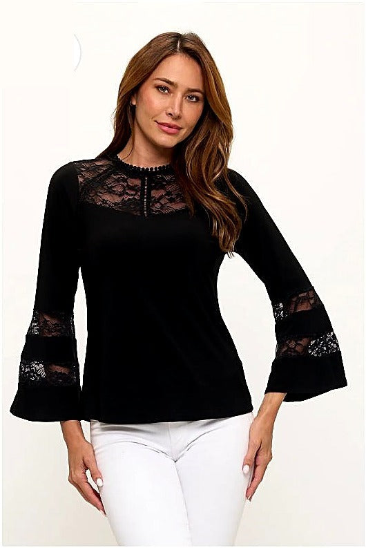 Sheer lace neckline bell sleeve top, front view